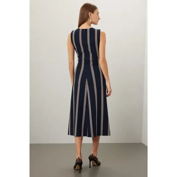 TANYA TAYLOR Dark Navy Blue Pinstripe A-Line Sleeveless Midi Dress Size Large - Picture 2 of 14